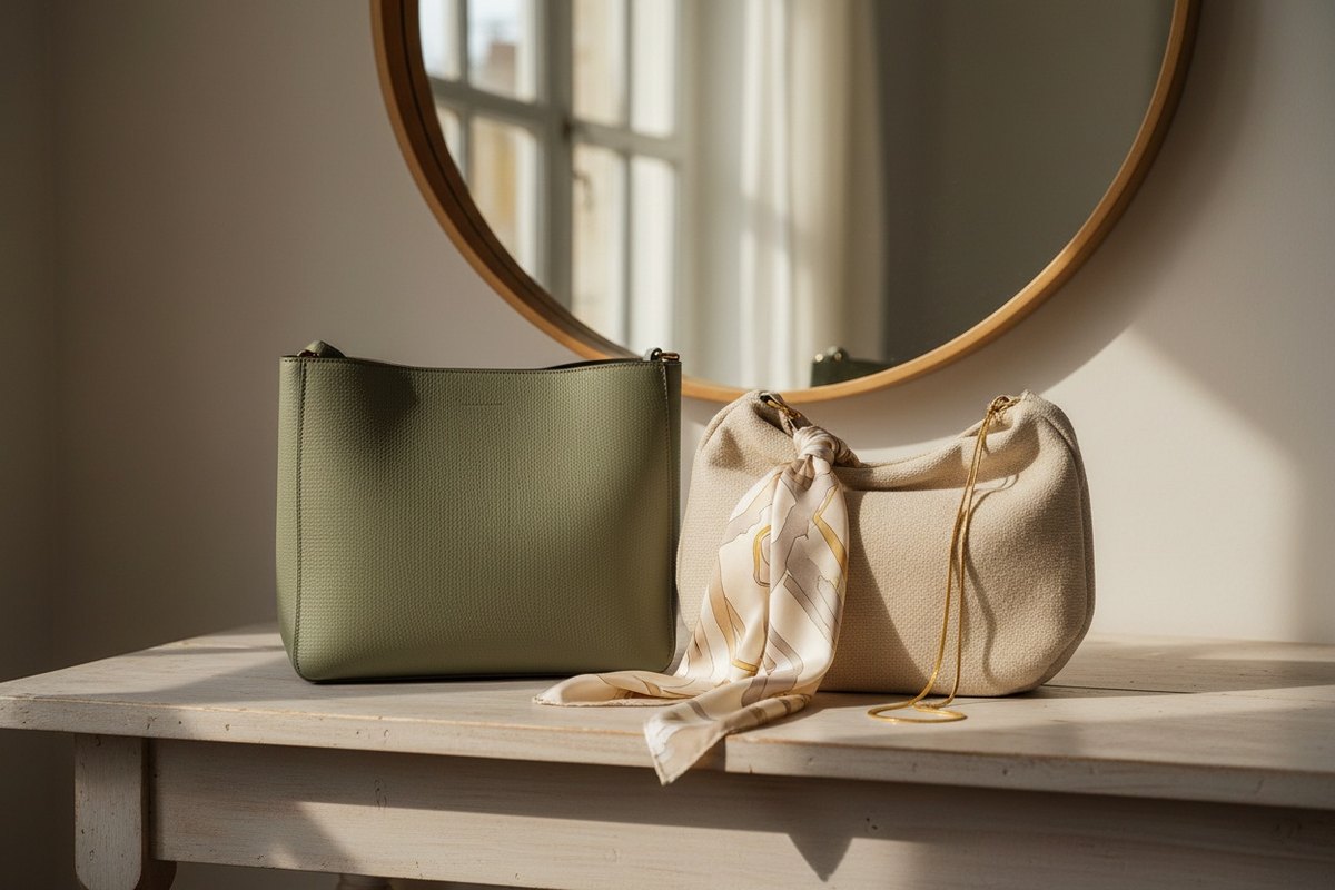 Deux sacs à main, un structuré et un arrondi, posés sur une table en bois clair près d'un miroir