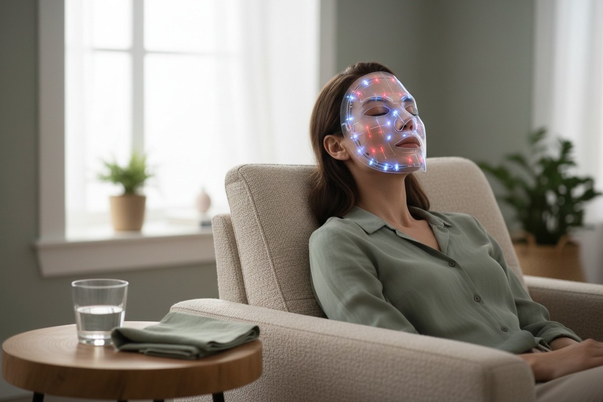 Femme portant un masque LED à domicile dans un salon lumineux