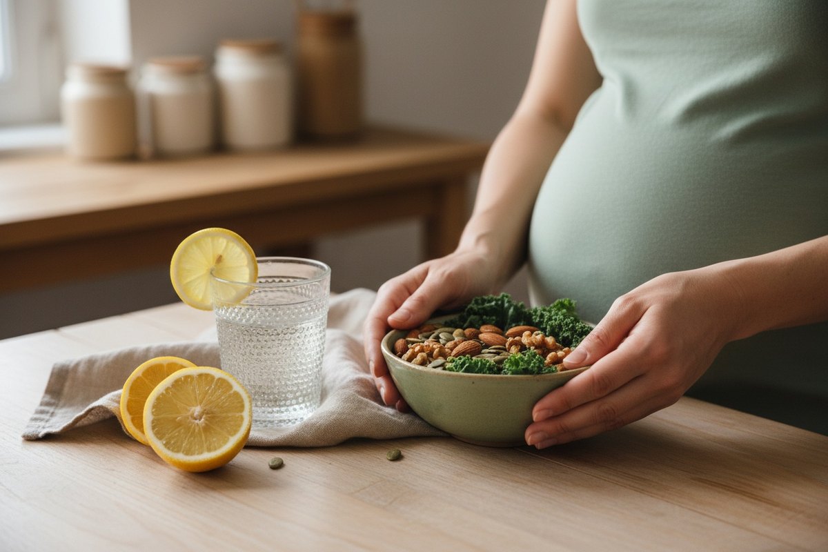 Mains d'une femme enceinte tenant un bol de noix et de légumes verts sur une table en bois