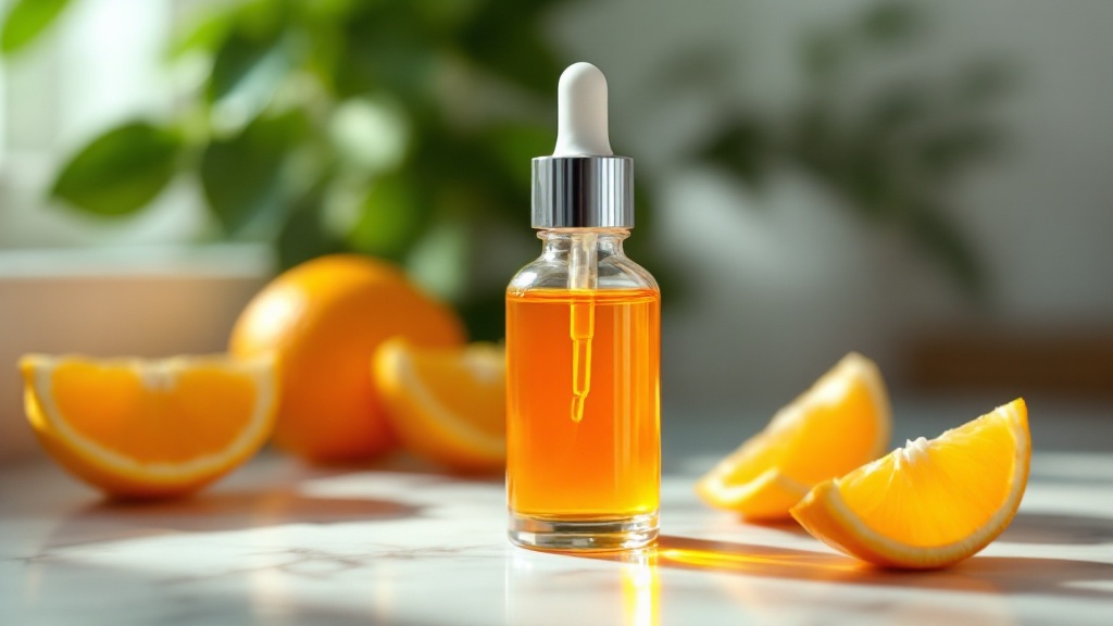 Un flacon de sérum orange avec une pipette, entouré de tranches et de moitiés d’oranges, éclairé par une lumière naturelle.