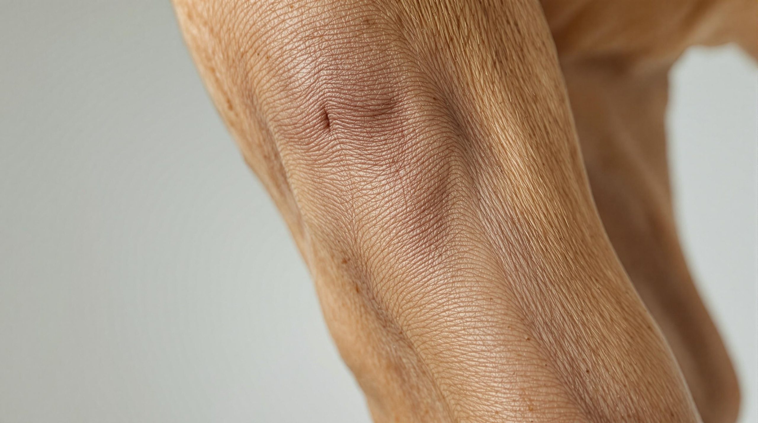 Gros plan sur la peau ridée d’un genou humain.